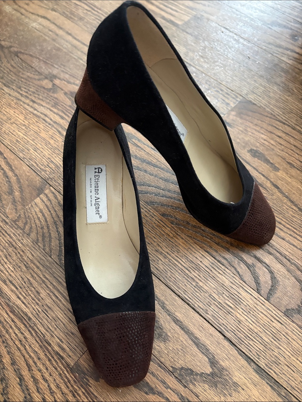 Etienne Aigner Black and Brown Suede Cap-Toe Pumps